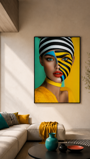 Modern living room with a colorful abstract painting of a woman's face on the wall.