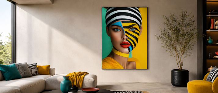 Modern living room with a colorful abstract painting on the wall.