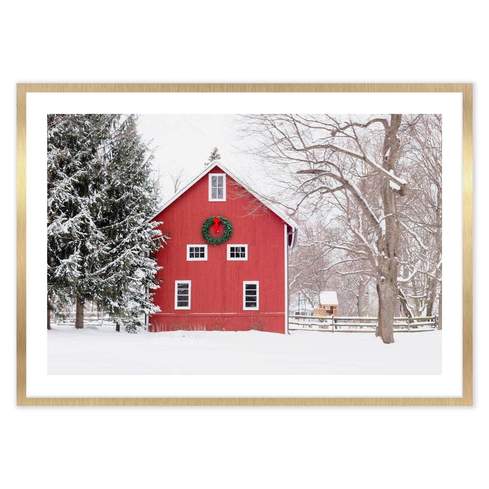 Snowy Red Cabin Festive Print