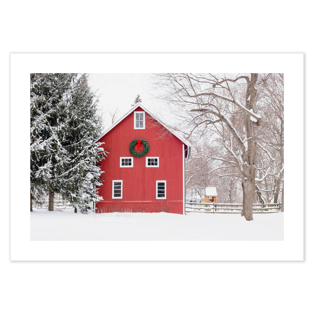 Snowy Red Cabin Festive Print