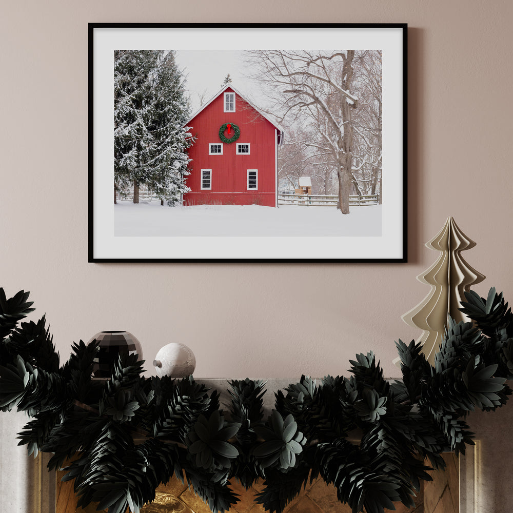 Snowy Red Cabin Festive Print