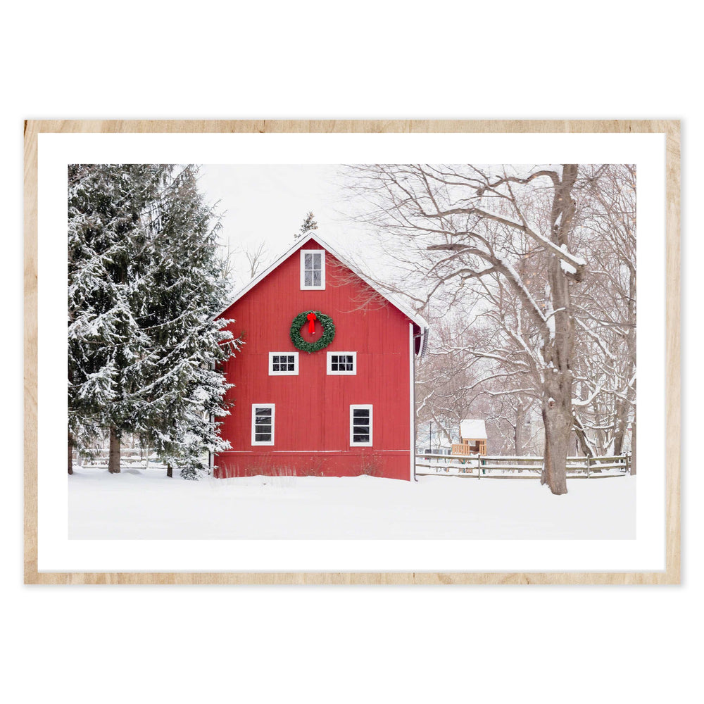 Snowy Red Cabin Festive Print
